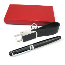 Personalized Custom Promotional Pen & Leather and Stainless Steel Keychain Small Gift Set With Box